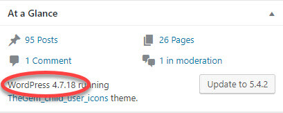 WordPress "At a Glance" widget in the admin area showing current and available WordPress versions.