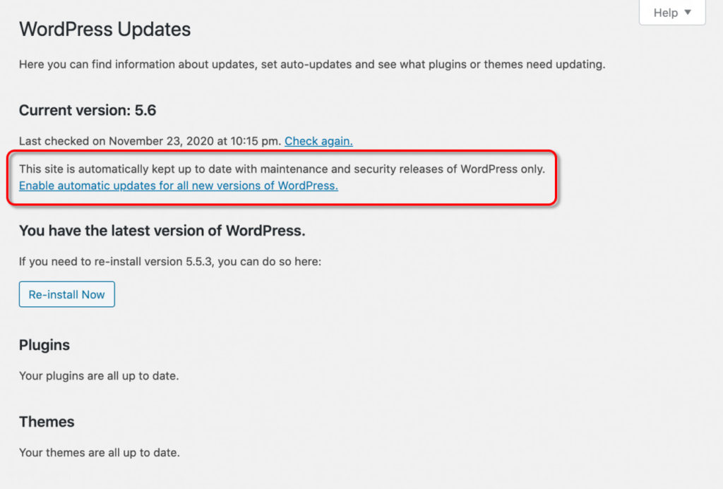 WordPress 5.6 admin screen showing option to enable major updates to WordPress core.