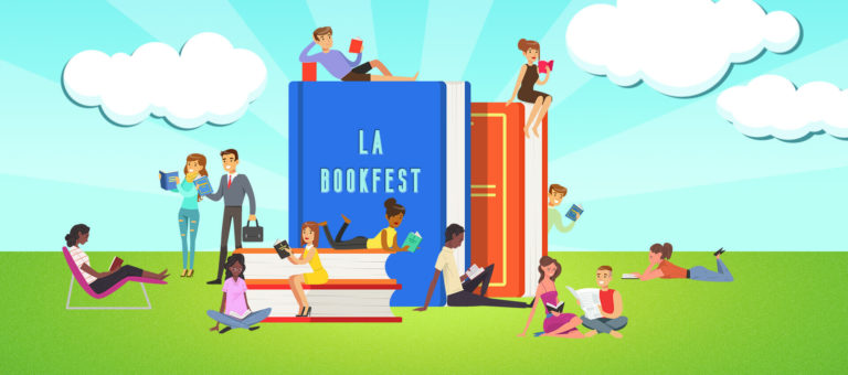 LA Bookfest illustration of people enjoying books in a sunny field
