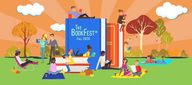 The BookFest website designed by Invouq illustration of people enjoying books outdoors in the fall.
