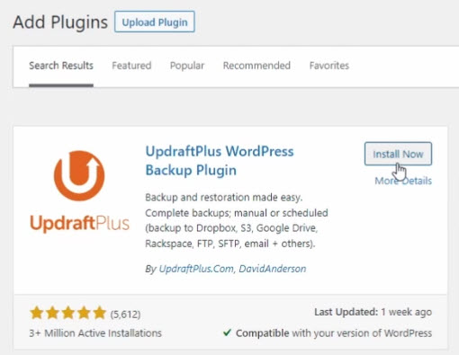 Image containing text: UpdraftPlus WordPress Backup Plugin by UpdraftPlus.com and David Anderson as it appears in the Add Plugin screen in WordPress.