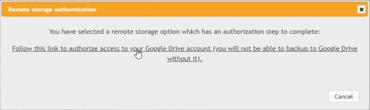 Image of text: UpdraftPlus popup window showing link - "Follow this link to authorize access to your Google Drive account (you will not be able to backup to Google Drive without it)."